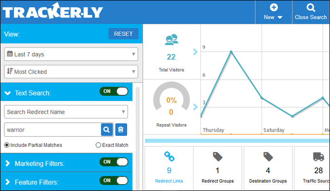 Trackerly provides link search and filtering features