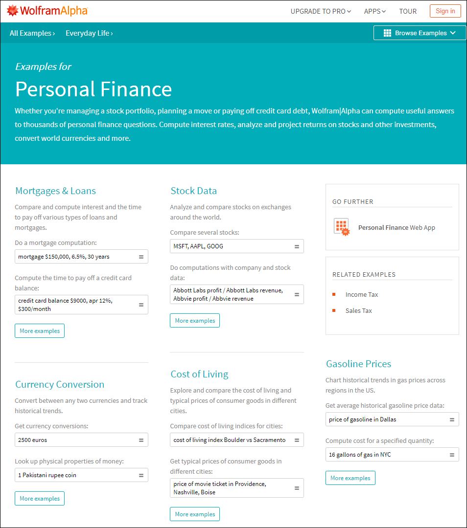 Wolfram Alpha - Examples for Personal Finance answers